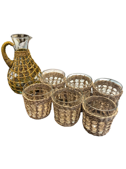 Vintage 7-Piece Glass and Wicker Drinkware Set - 6 Glasses and Pitcher